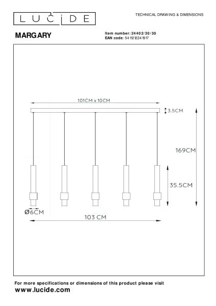 Lucide MARGARY - Hanglamp - LED Dimb. - 5x4,2W 2700K - Zwart - technisch